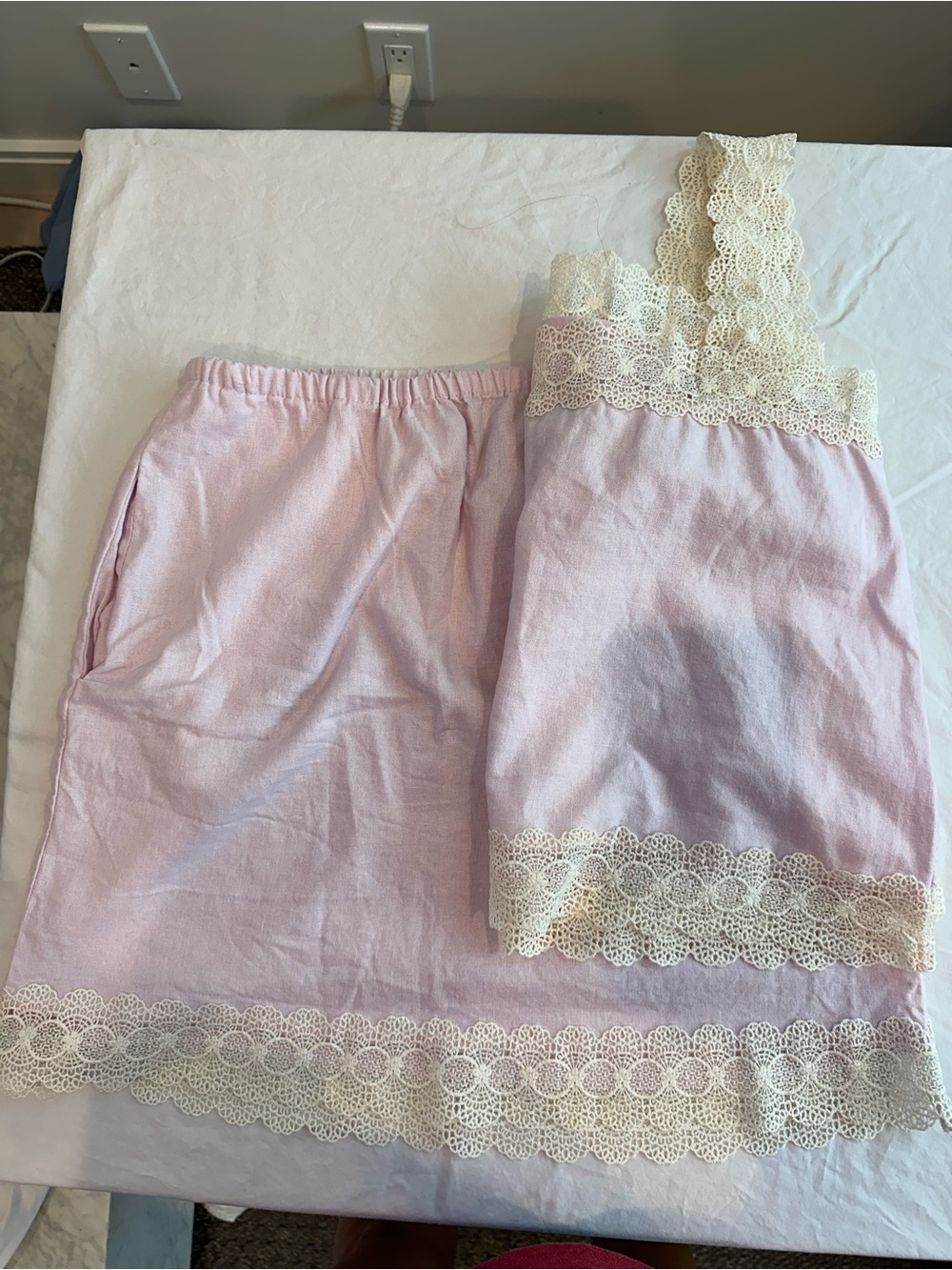 a new day Pink skirt and tank Set with Cream Lace Trim